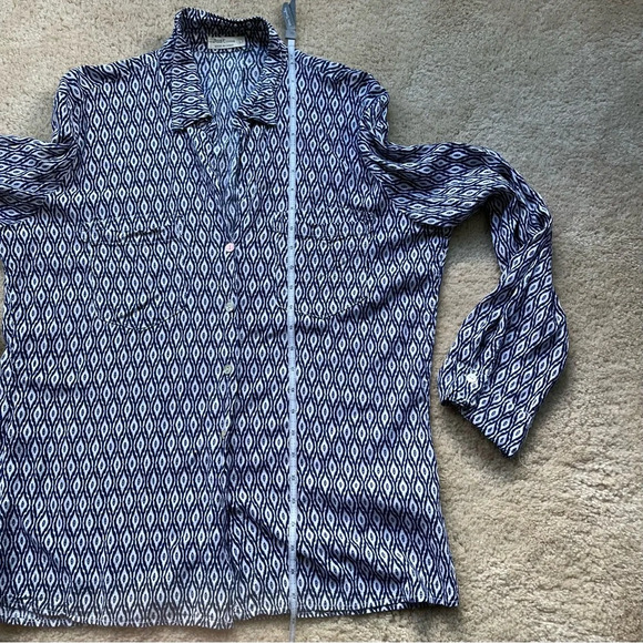 Just Living Women's White & Navy Button Up Shirt - L - VGUC - Rayon Linen Blend - Picture 8 of 8